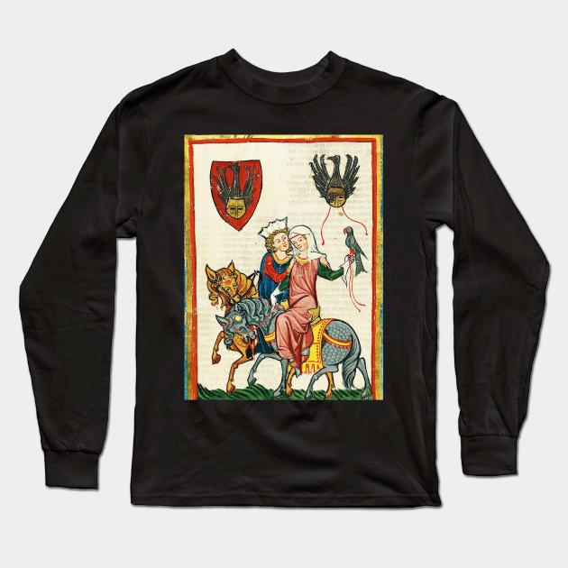 LOVERS ON HORSEBACK WITH FALCON , MEDIEVAL MINIATURE WITH WILD ROSES Long Sleeve T-Shirt by BulganLumini